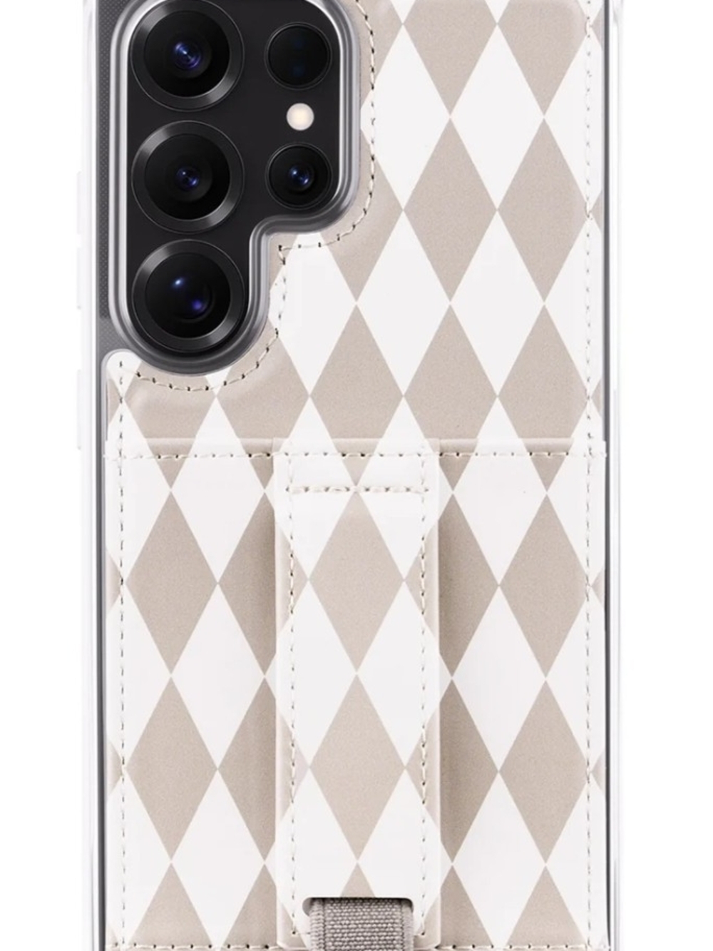 Wallis Beige and White Argyle Phone Case with Hand Strap